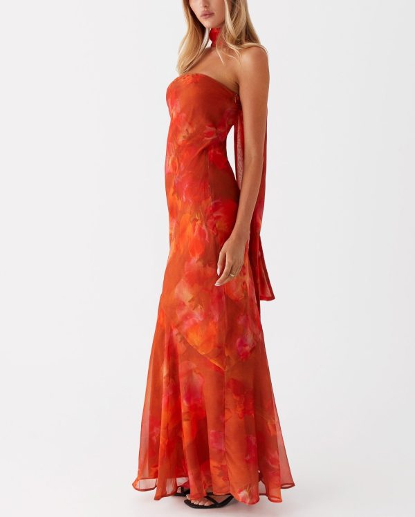 71F-msDOmdL.jpg Women Strapless Floral Dress with Sarf Mesh Tube Maxi Dress Summer Cocktail Wedding Guest