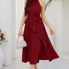 Women's 2024 Summer Sleeveless Halter Neck Ruffle Hem Split Flowy Swing Long Midi Dress with Belt