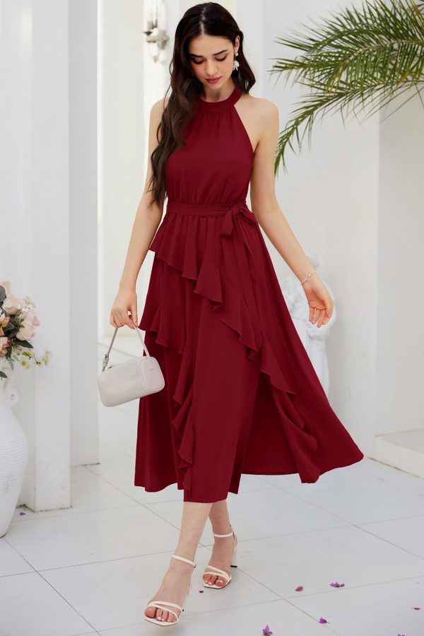 71GVCmN-NL.jpg Women's 2024 Summer Sleeveless Halter Neck Ruffle Hem Split Flowy Swing Long Midi Dress with Belt
