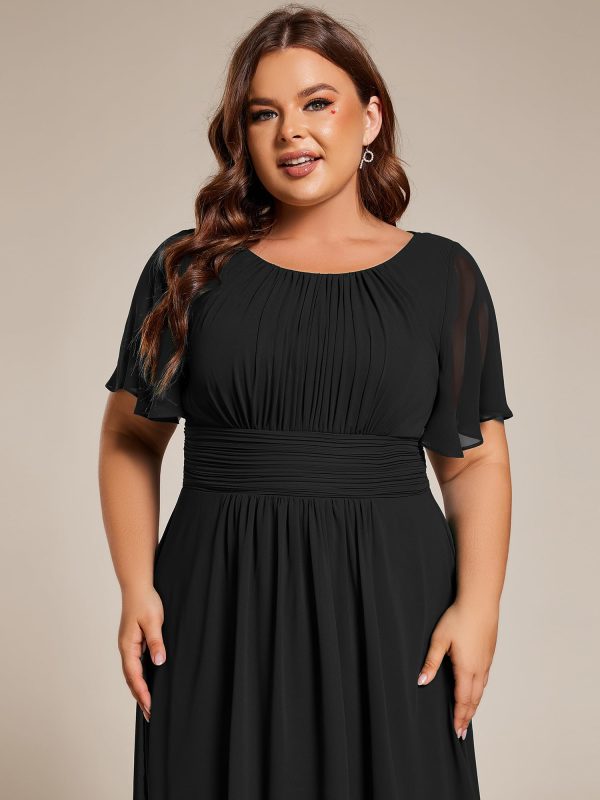 Women's A Line Crew Neck Short Sleeves Pleated Elastic Back Chiffon Midi Plus Size High Low Wedding Guest Dresses