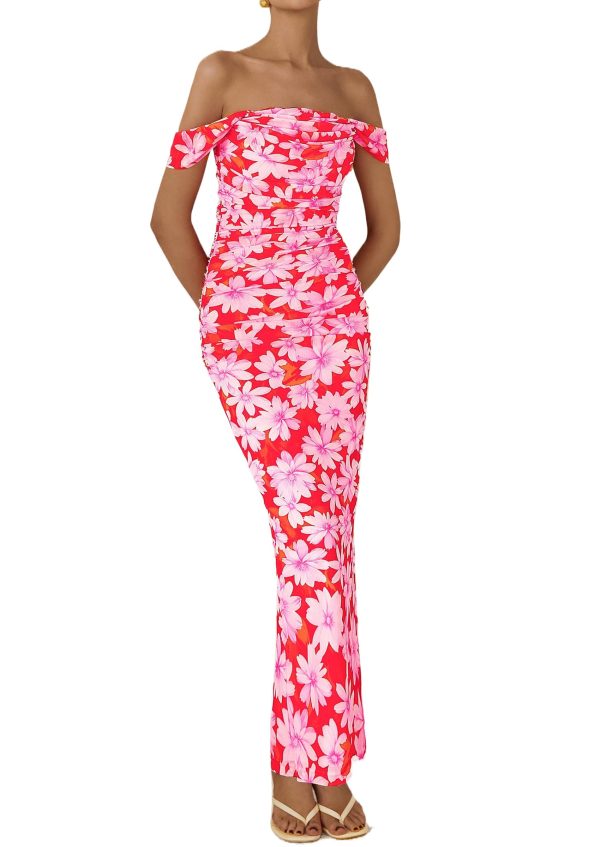 Women's Floral Maxi Dress 2025 Summer Off Shoulder Mesh Elegant Cocktail Party Ruched Bodycon Dresses