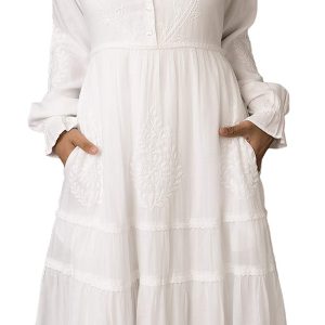 Women's Modest White Full Length Long Sleeve Cotton Special Occasion Dress with Button Down Front