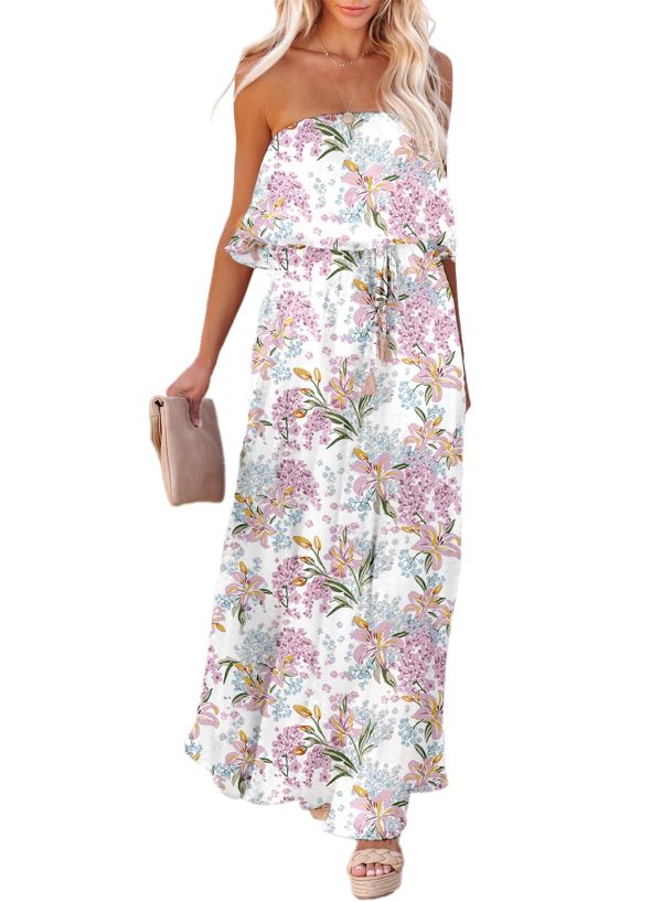 Womens Strapless Dresses Casual Summer High Waist Side Split Flowy Boho Maxi Dress