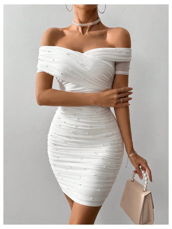 Women's Pearl Beaded Off Shoulder Short Dress Short Sleeve Bodycon Party Dresses