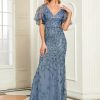 Women's Ruffles Sleeves Sequin Embroidery Evening Mother of The Bride Dress 00692