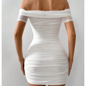 Women's Pearl Beaded Off Shoulder Short Dress Short Sleeve Bodycon Party Dresses