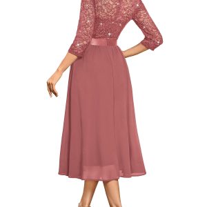 Women's Elegant V Neck Sequin Lace Sleeve Bridesmaid Party A-line Dress