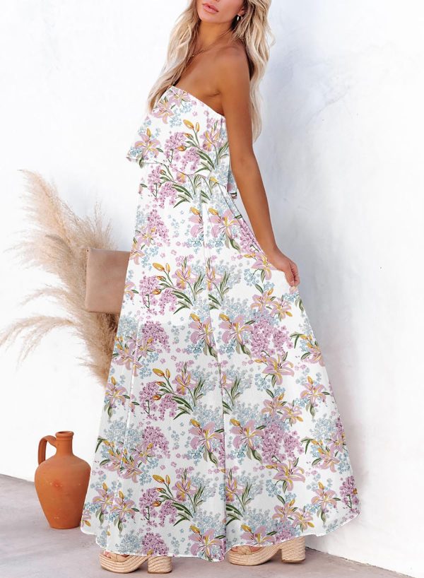 Womens Strapless Dresses Casual Summer High Waist Side Split Flowy Boho Maxi Dress