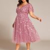Women's V Neck Short Sleeves Embroidery Empire Waist Sequin Plus Size Midi Cocktail Wedding Guest Dresses 2230-DA