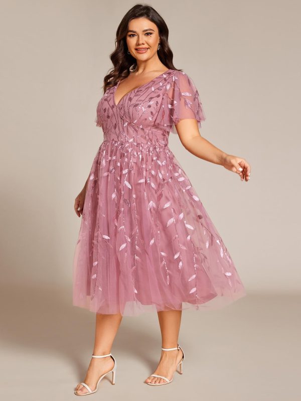 Women's V Neck Short Sleeves Embroidery Empire Waist Sequin Plus Size Midi Cocktail Wedding Guest Dresses 2230-DA