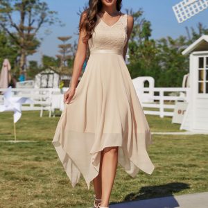 Women's Lace Cocktail Party Dress 2025 Handkerchief Hem Bridesmaid Prom Formal Dresses for Wedding Guest