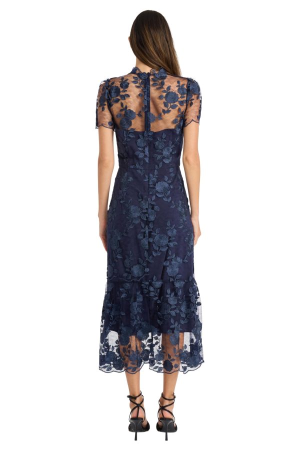 Floral Embroidered Midi Women, High Neck Summer Cocktail & Wedding Guest Dress