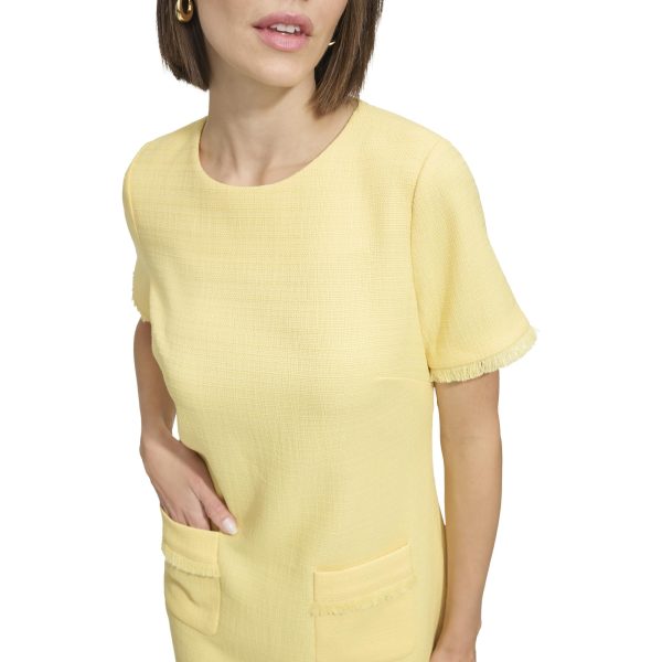 71ScWuuVNL.jpg Women's Pleated Trim Short Sleeve High Neck Shift Mini Dress