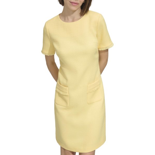 71UOTCFCnDL.jpg Women's Pleated Trim Short Sleeve High Neck Shift Mini Dress