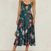 Women Spaghetti Strap Midi Satin Dresses Tie Front Backless Split Hollow Dress