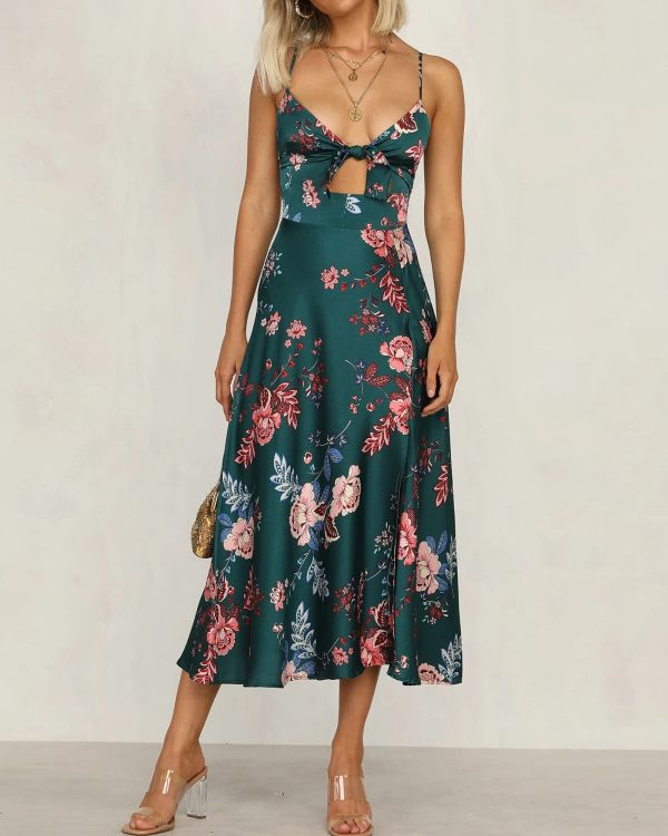 71Uy4acu9S.jpg Women Spaghetti Strap Midi Satin Dresses Tie Front Backless Split Hollow Dress