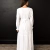 Women's Modest White Full Length Long Sleeve Cotton Special Occasion Dress with Button Down Front