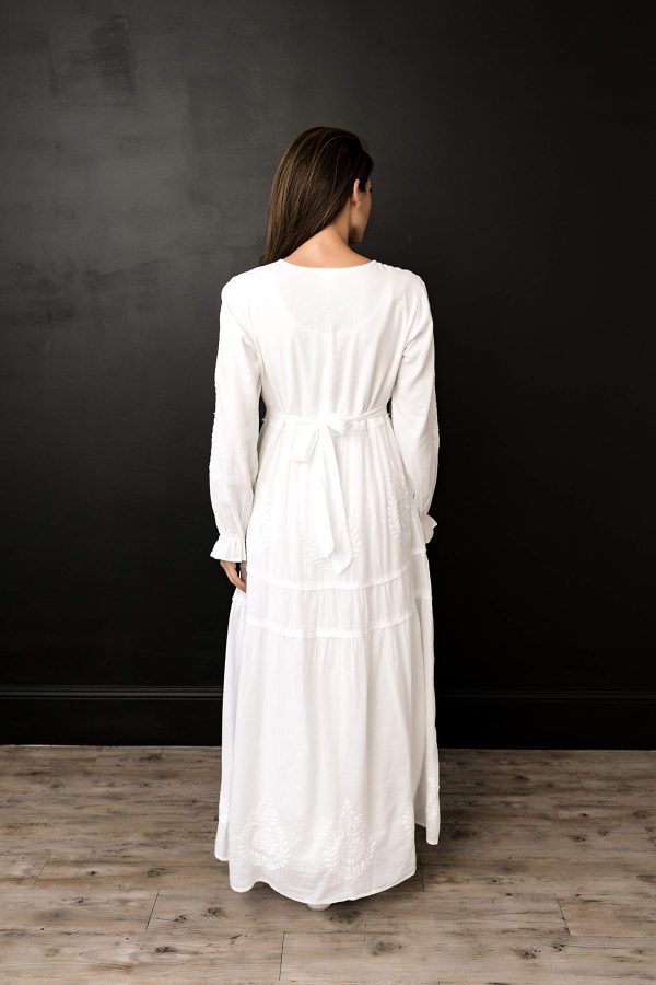 Women's Modest White Full Length Long Sleeve Cotton Special Occasion Dress with Button Down Front