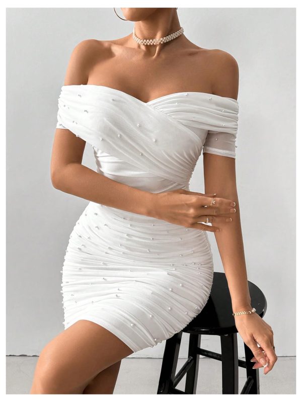 Women's Pearl Beaded Off Shoulder Short Dress Short Sleeve Bodycon Party Dresses
