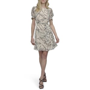 Women's Puff Sleeve Tie Waist A-line Mini Dress