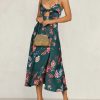 Women Spaghetti Strap Midi Satin Dresses Tie Front Backless Split Hollow Dress