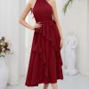 Women's 2024 Summer Sleeveless Halter Neck Ruffle Hem Split Flowy Swing Long Midi Dress with Belt