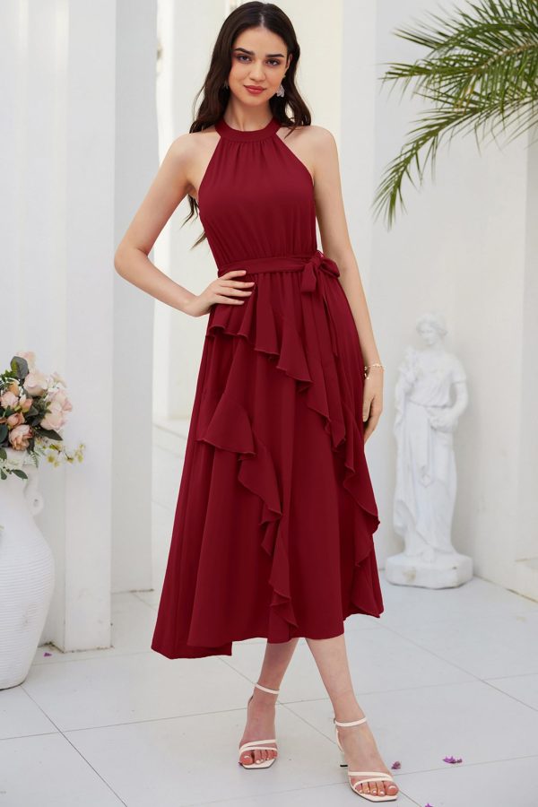 71cCRu6ZCtL.jpg Women's 2024 Summer Sleeveless Halter Neck Ruffle Hem Split Flowy Swing Long Midi Dress with Belt