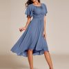 Women's Chiffon Crew Neck Pleated Waist Short Sleeve Wedding Guest Dress 02053