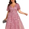 Women's V Neck Short Sleeves Embroidery Empire Waist Sequin Plus Size Midi Cocktail Wedding Guest Dresses 2230-DA