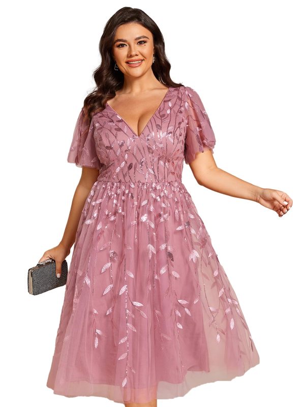 Women's V Neck Short Sleeves Embroidery Empire Waist Sequin Plus Size Midi Cocktail Wedding Guest Dresses 2230-DA