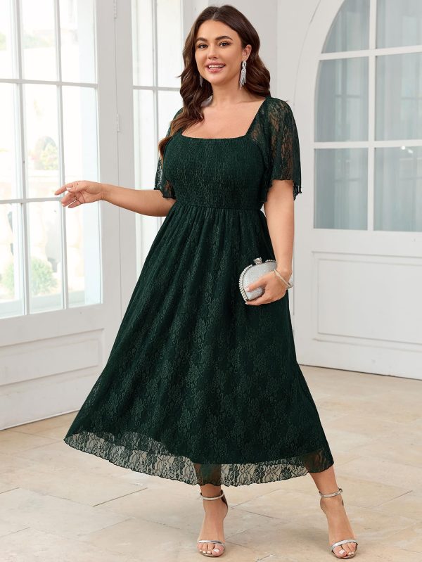 Women's Plus Size Wedding Guest Dress Formal Lace Square Neck Short Sleeve Smocked Flowy Cocktail Maxi Dresses