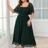 Women's Plus Size Wedding Guest Dress Formal Lace Square Neck Short Sleeve Smocked Flowy Cocktail Maxi Dresses