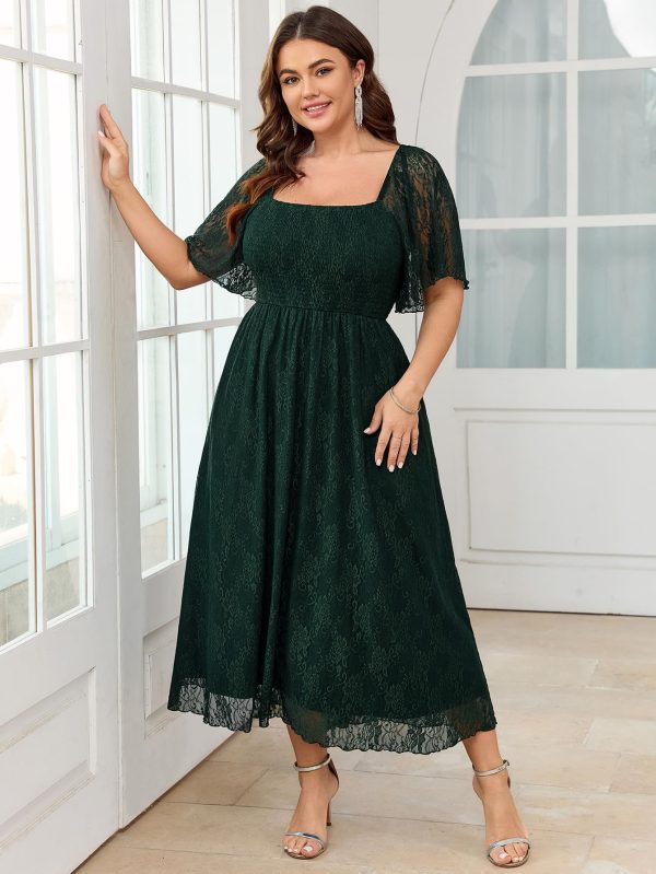 Women's Plus Size Wedding Guest Dress Formal Lace Square Neck Short Sleeve Smocked Flowy Cocktail Maxi Dresses