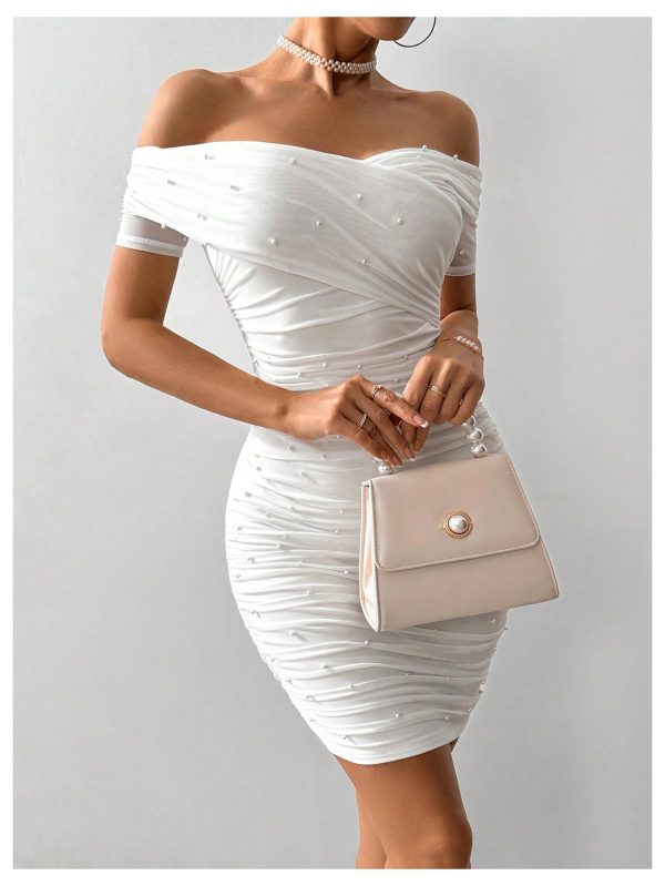 Women's Pearl Beaded Off Shoulder Short Dress Short Sleeve Bodycon Party Dresses