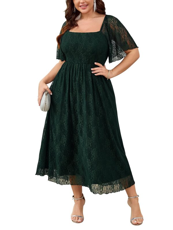 Women's Plus Size Wedding Guest Dress Formal Lace Square Neck Short Sleeve Smocked Flowy Cocktail Maxi Dresses