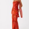 Women Strapless Floral Dress with Sarf Mesh Tube Maxi Dress Summer Cocktail Wedding Guest