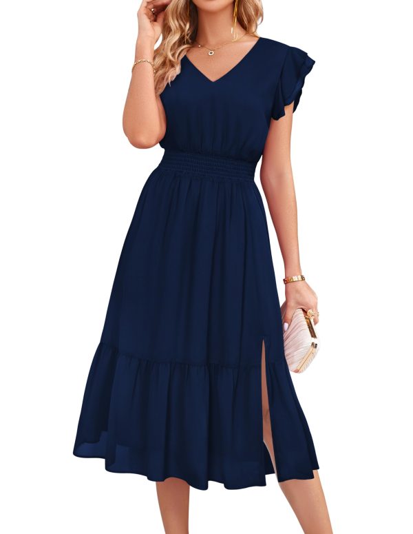 Women's V Neck Ruffle Sleeve Summer Dress 2025 Split Flowy Tiered Midi Dress Wedding Guest Cocktail Dresses