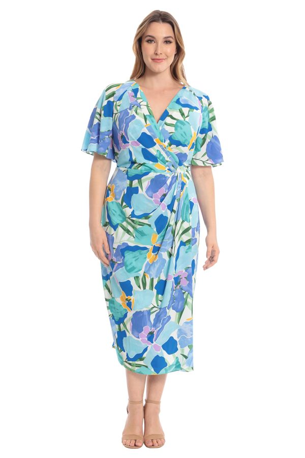 71elAIFRbeL.jpg Women's Short Flutter Sleeve Faux Wrap Midi Dress