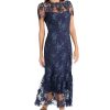 Floral Embroidered Midi Women, High Neck Summer Cocktail & Wedding Guest Dress