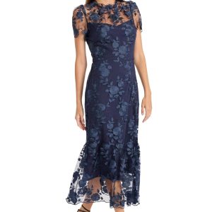 Floral Embroidered Midi Women, High Neck Summer Cocktail & Wedding Guest Dress