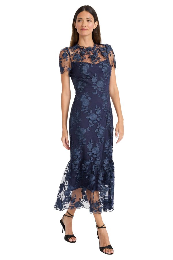 Floral Embroidered Midi Women, High Neck Summer Cocktail & Wedding Guest Dress