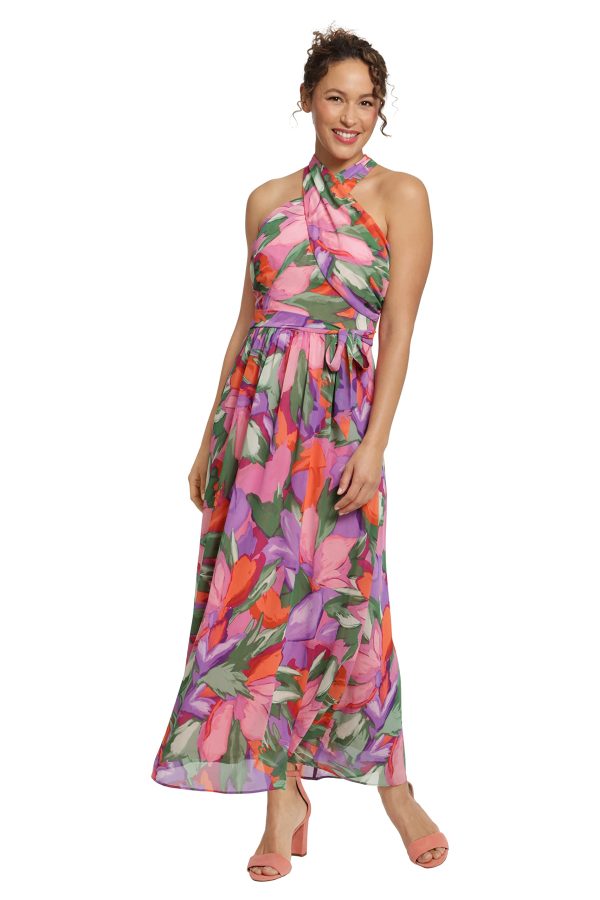 London Times Women's Twist Neck Halter Maxi Dress