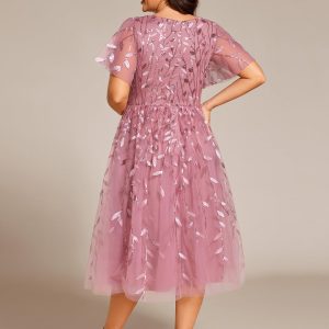 Women's V Neck Short Sleeves Embroidery Empire Waist Sequin Plus Size Midi Cocktail Wedding Guest Dresses 2230-DA