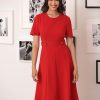 Women's Knit Eyelet Short Sleeve Crepe Inset Waist Midi with Button Detail