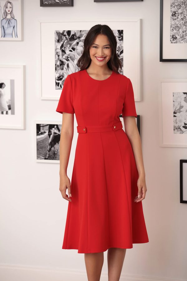 71gdcYG2LfL.jpg Women's Knit Eyelet Short Sleeve Crepe Inset Waist Midi with Button Detail