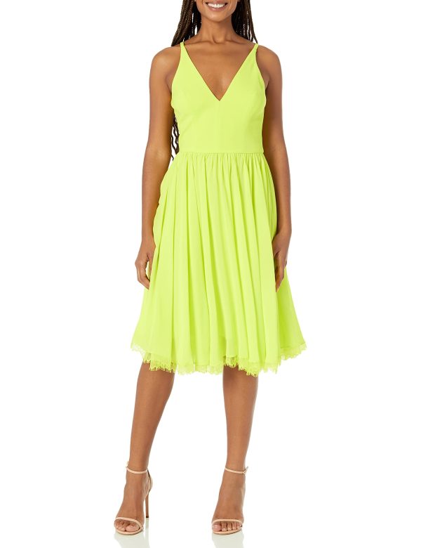 71gyFTAkeBL.jpg Women's Alicia Plunging Mix Media Sleeveless Fit and Flare Midi Dress