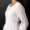 Women's Modest White Full Length Long Sleeve Cotton Special Occasion Dress with Button Down Front