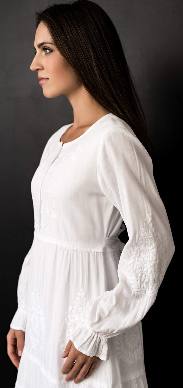 Women's Modest White Full Length Long Sleeve Cotton Special Occasion Dress with Button Down Front