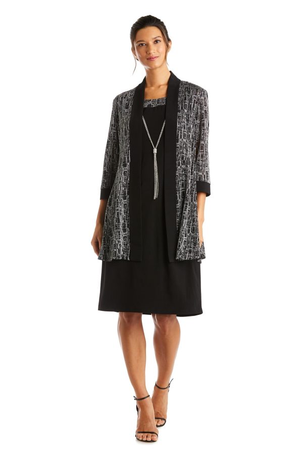 Elegant 2 PC Metallic Knit Classic Jacket Dress W/Detachable Necklace