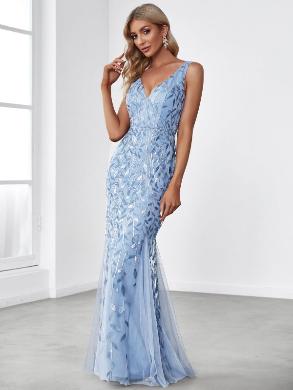 Women's Formal Dress Sequin Tulle Double V-Neck Sleeveless Mermaid Long Evening Dress 07886